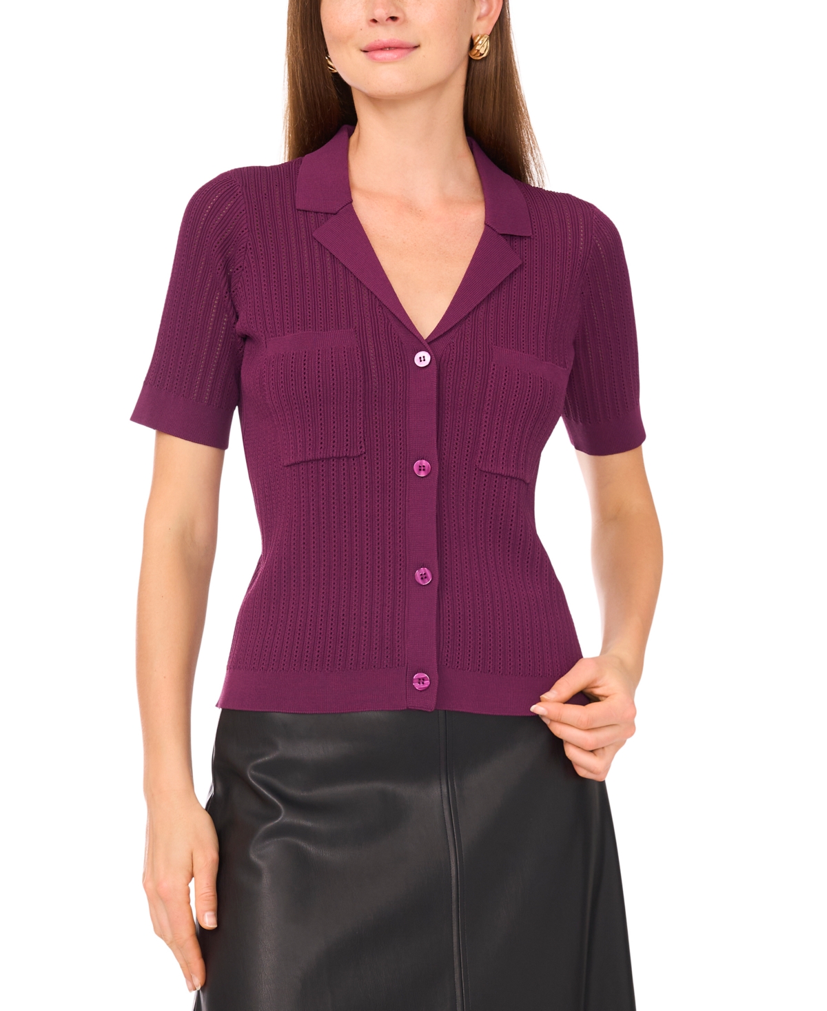 Women's Pointelle Short-Sleeve Button-Front Top - Sweet Plum