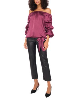 Women's Satin Off-The-Shoulder Bubble 3/4-Sleeve Tie-Front Blouse
