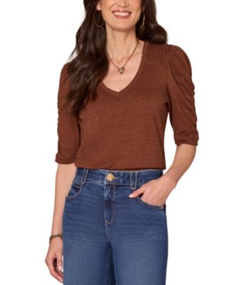 Democracy - Petite Puff-Sleeve V-Neck Knit Top