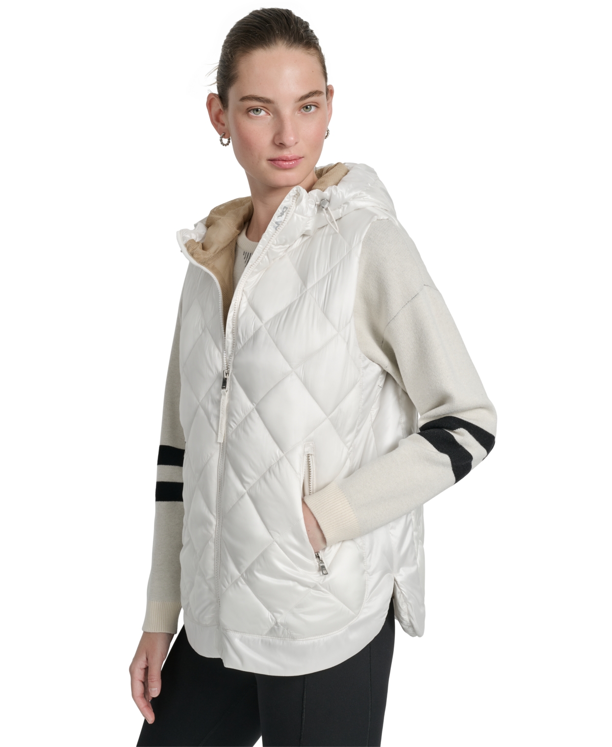 Dkny Women's Quilted Curved-hem Hooded Vest In White
