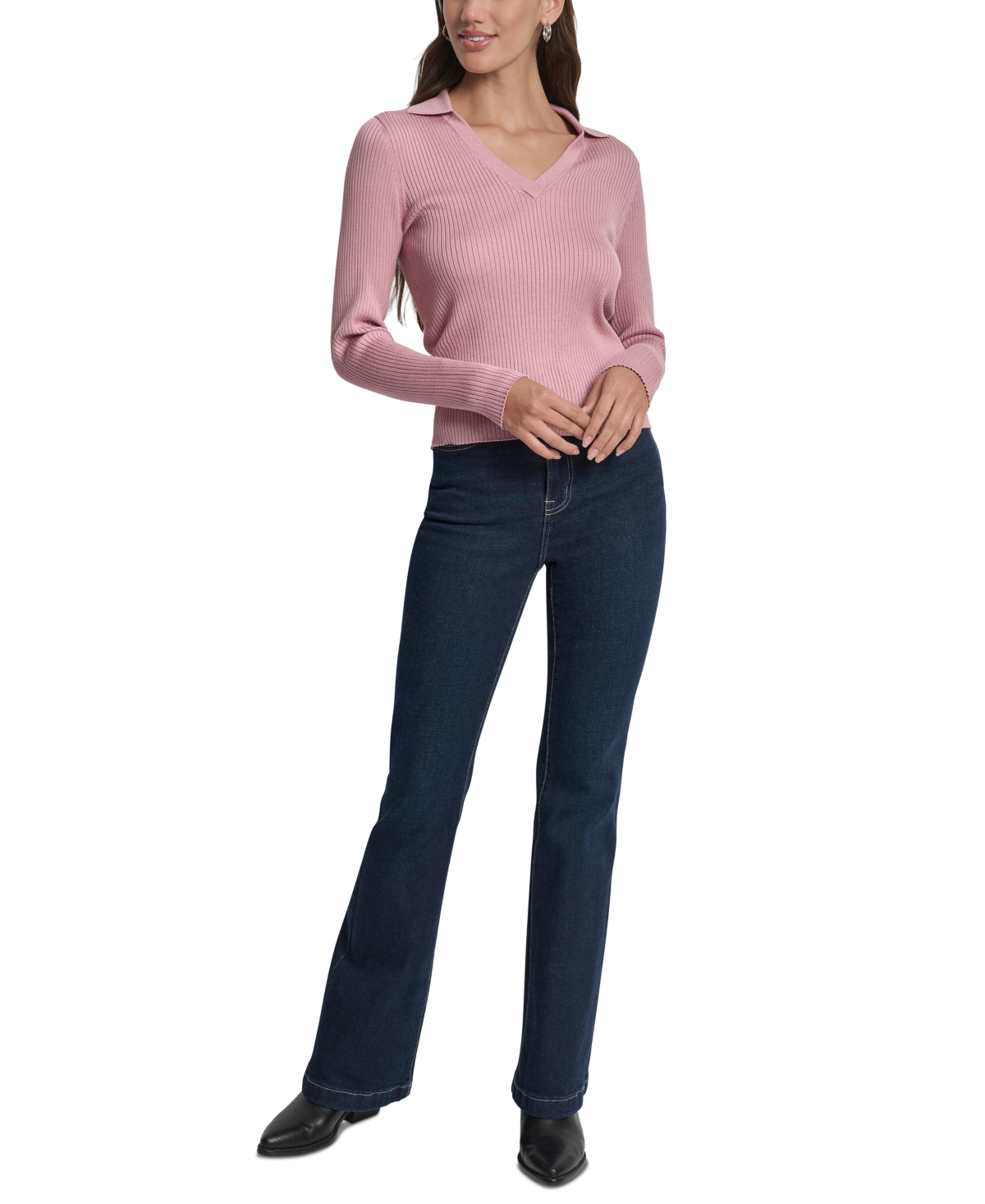 Dkny Jeans Petite Ribbed Johnny-collar Sweater In Pink