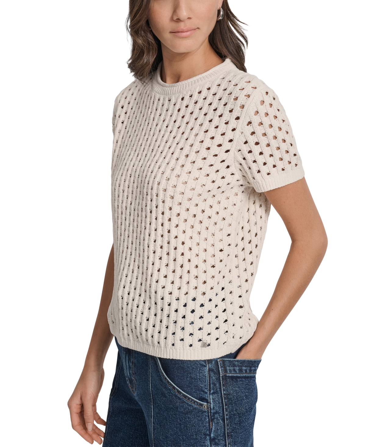 Dkny Jeans Petite Open-stitch Crewneck Sweater In Neutral