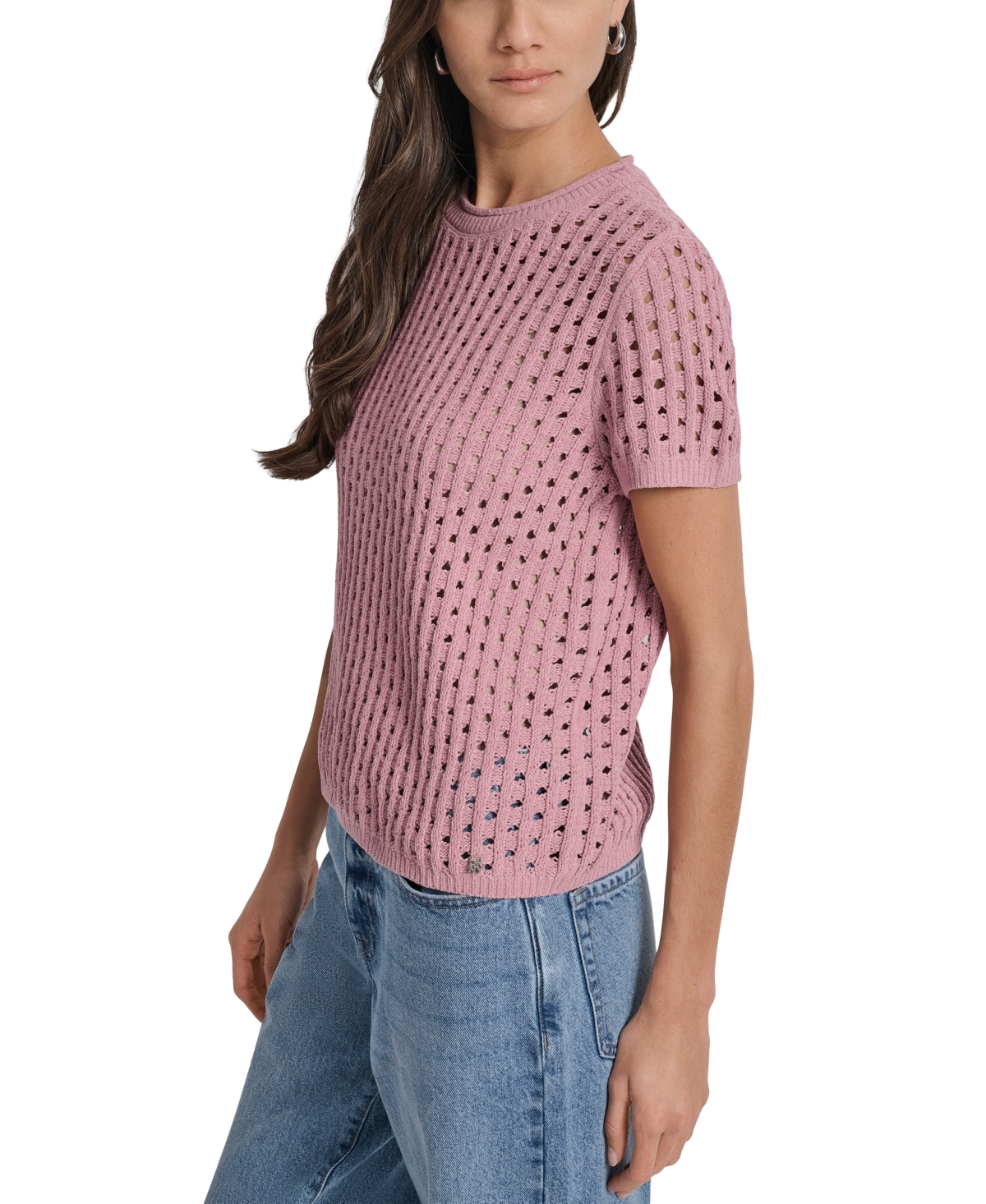 Dkny Jeans Petite Open-stitch Crewneck Sweater In Blue