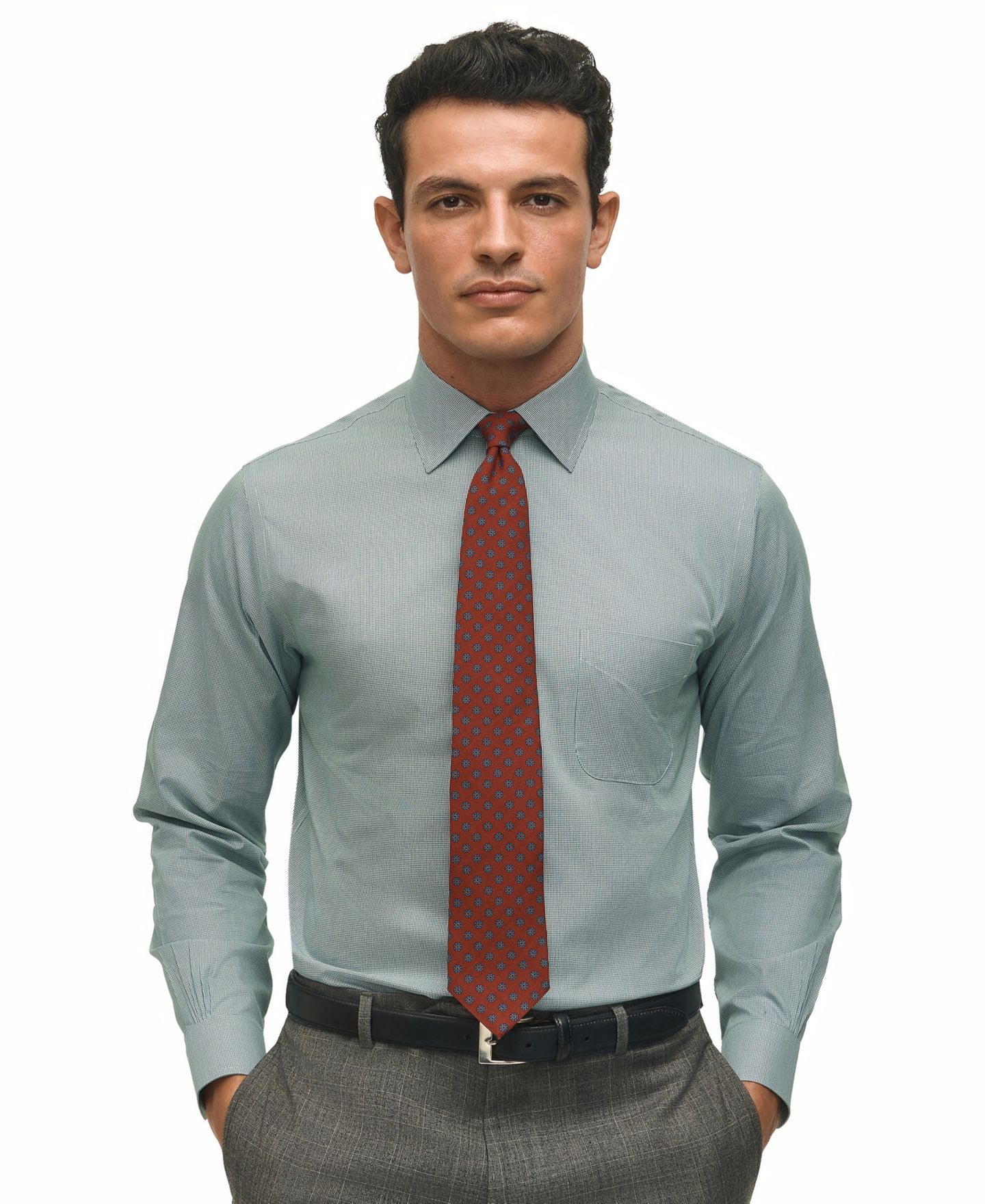 Мужская рубашка Brooks Brothers Regular-Fit Spread Collar Micro-Houndstooth Dress Shirt, цвет: Тёмный зелёный — фото 1
