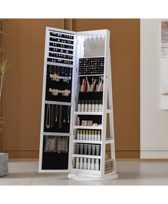 Rotatable full-length jewelry mirror cabinet with compartments and built-in LED lights.