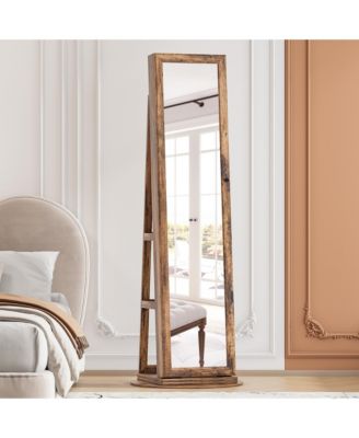 Rotatable full-length jewelry mirror cabinet with compartments and built-in LED lights.