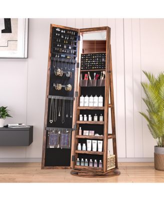Rotatable full-length jewelry mirror cabinet with compartments and built-in LED lights.