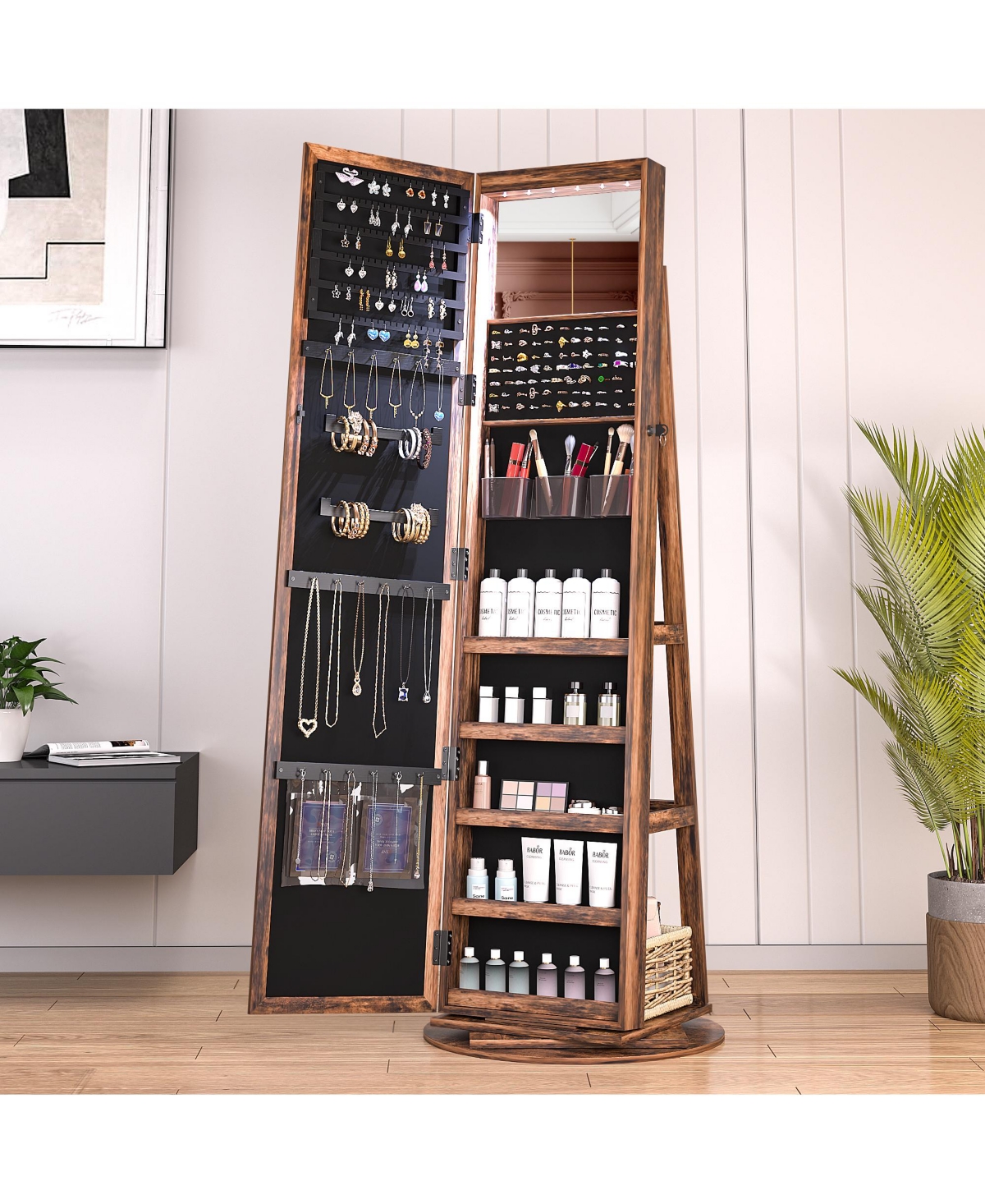 Vlsrka Rotatable full-length jewelry mirror cabinet with compartments and built-in Led lights.