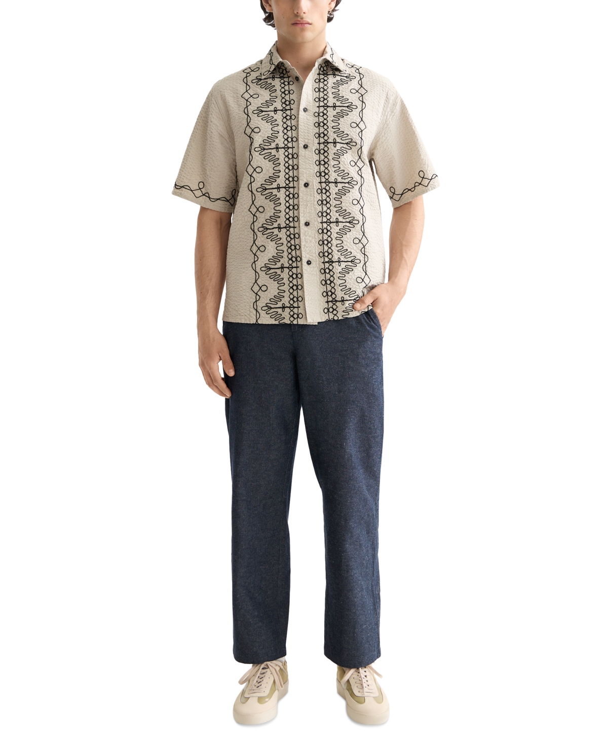 Scotch & Soda Oversize Embroidered Short Sleeve Cotton Seersucker Button-up Shirt In Neutral