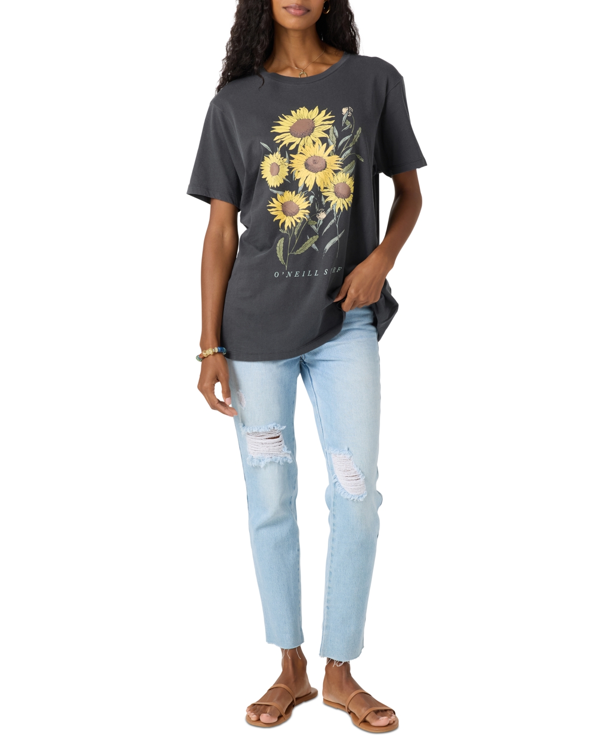 Juniors' Botanic Blossom Graphic Cotton T-Shirt - Washed Black
