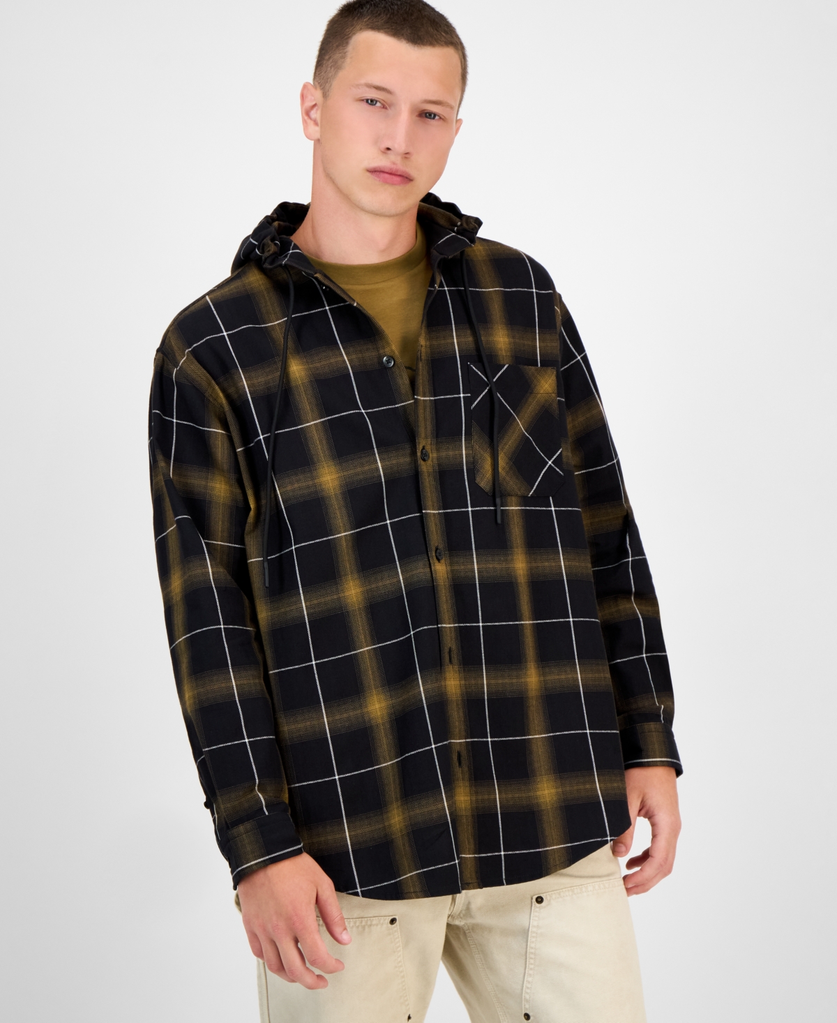 Hugo Boss Hooded Oversize-fit Overshirt In Checked Cotton In Black