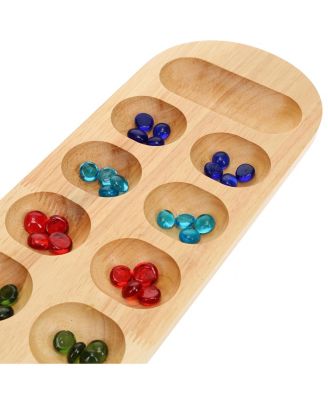 Mancala Board Game - 22 in., Solid Natural Wood Board and Glass Stones