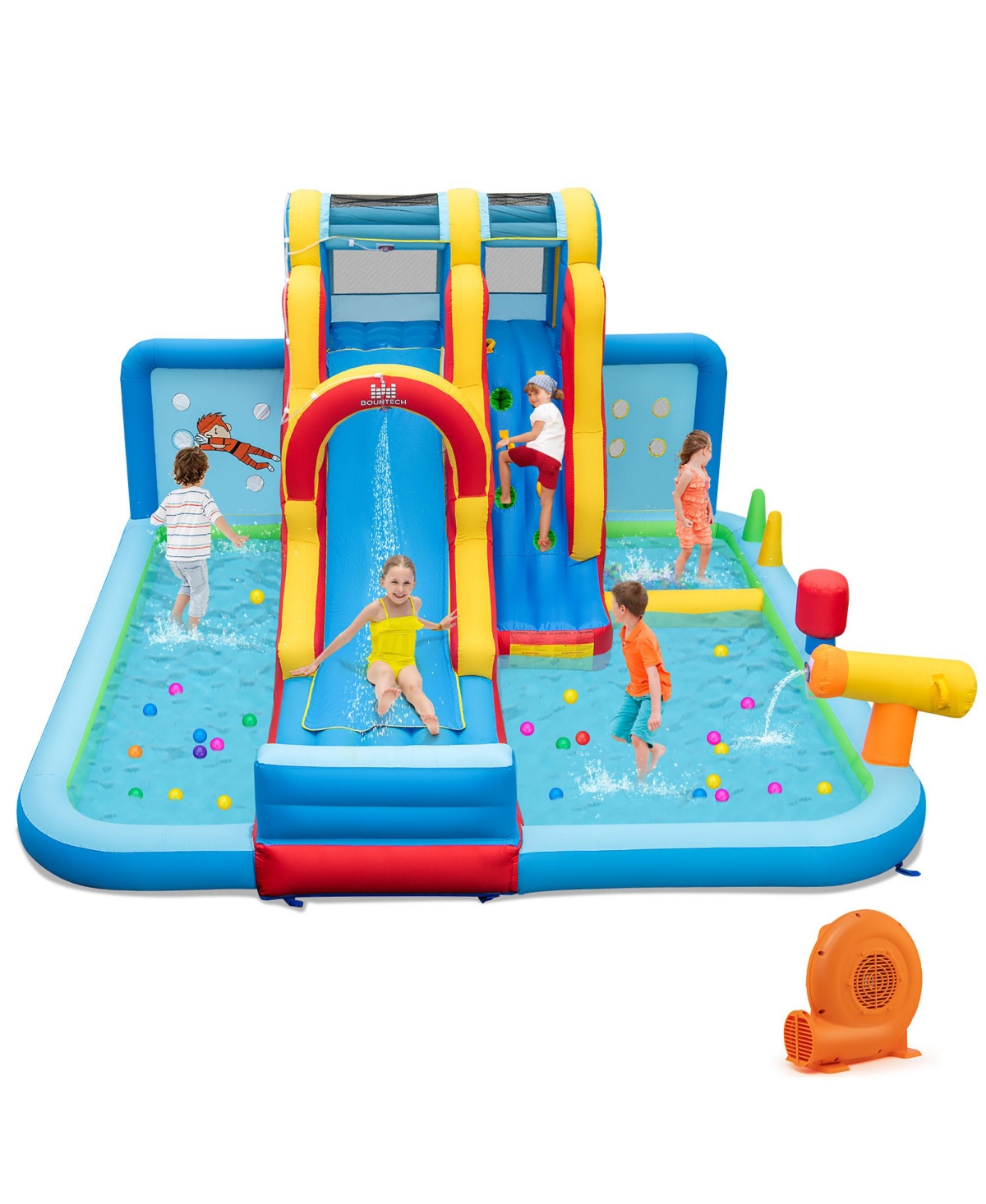 Inflatable Water Slide w/ Long Slide Climbing Wall Splash Pools w/ 950W Blower - Blue