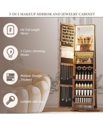 Rotatable full-length jewelry mirror cabinet with compartments and built-in LED lights.