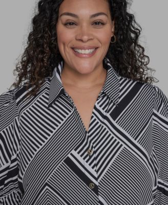 Plus Size Geo-Print Puff-Sleeve Shirt