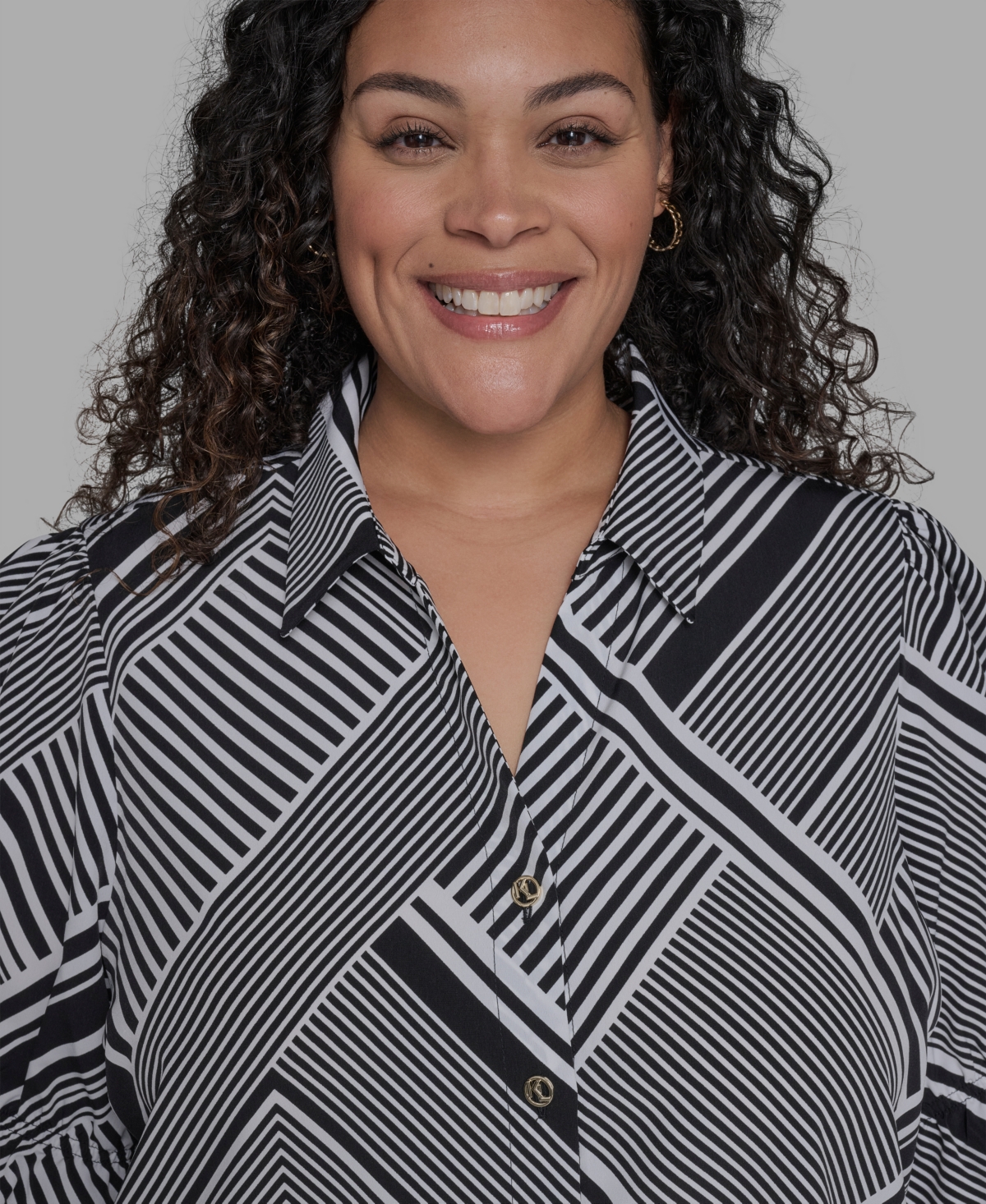 Karl Lagerfeld Plus Size Geo-print Puff-sleeve Shirt In Gray
