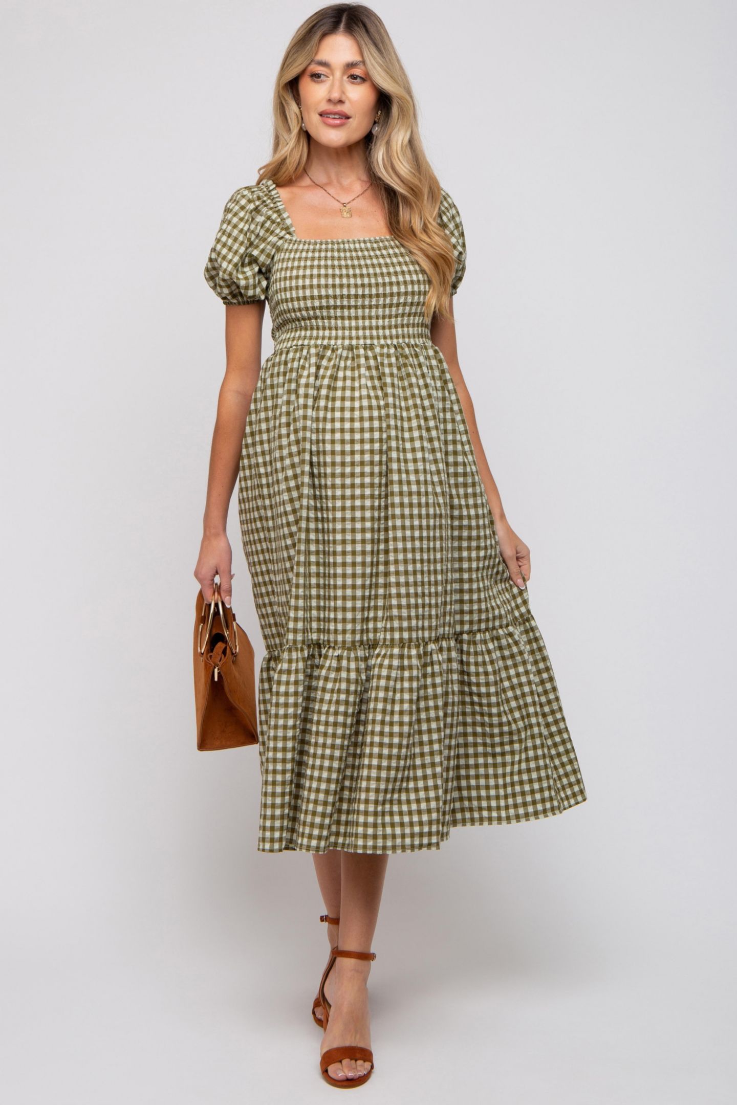 Женское платье Pinkblush Rust Gingham Smocked Midi, цвет: Оливковый зелёный — фото 4