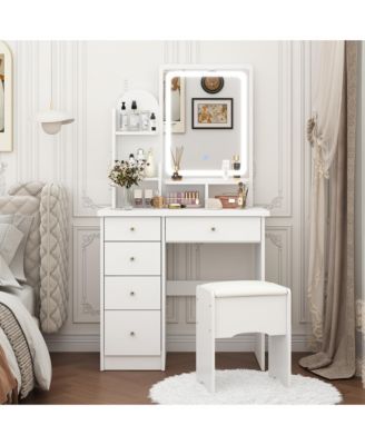 5-Drawer Vanity Set with LED Mirror, Cushioned Stool, and 3-Tier Storage Shelves – Pink MDF Dressing Table