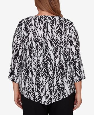 Plus Size Classic Puff Print Abstract Feather Crew Neck Top