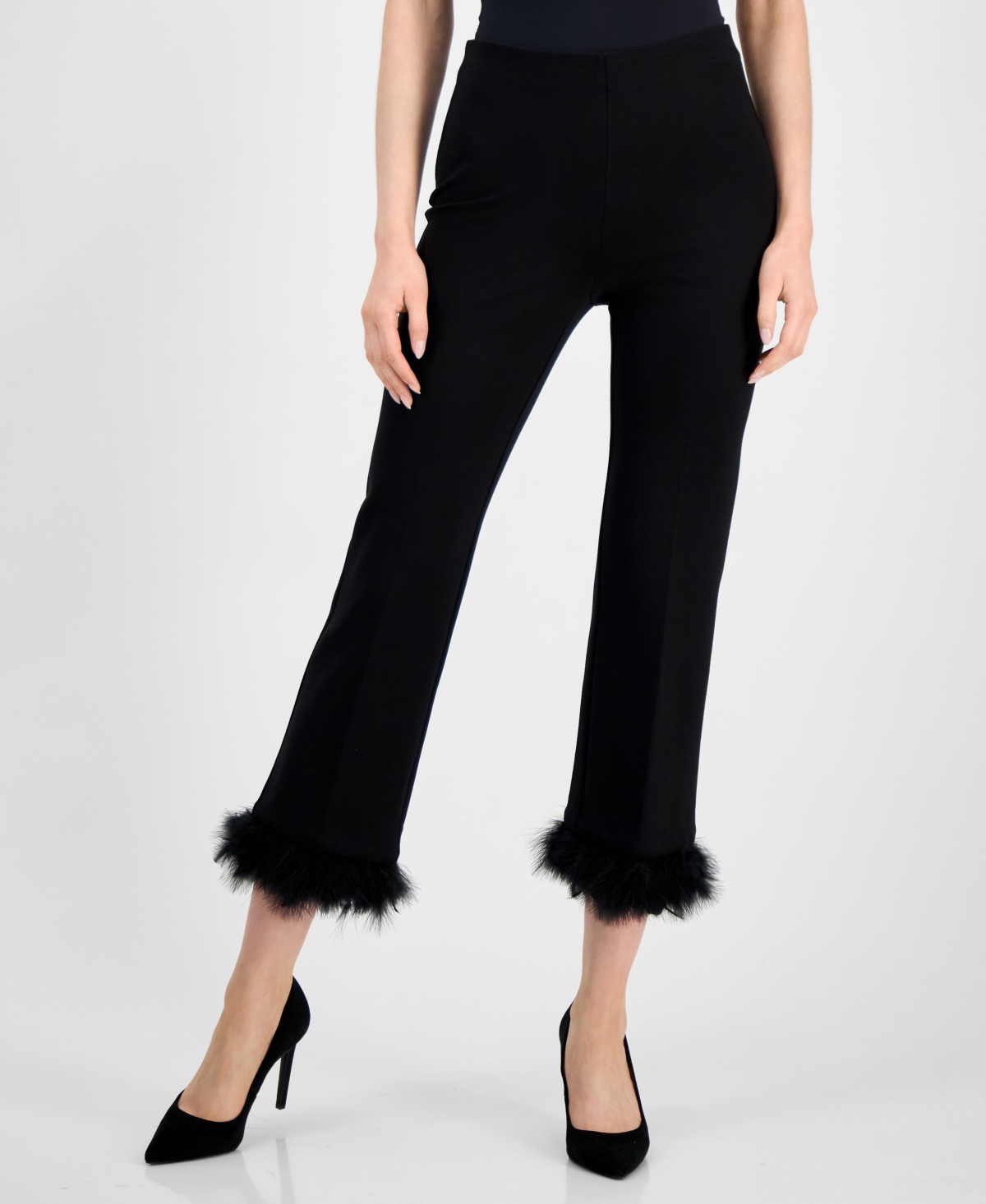 Anne Klein Petite Feather-trim Kick-flare Pants In Black