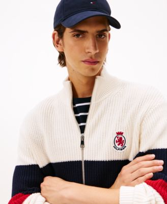 Men's Crest Logo Patch Zip-Through Stripe Sweater