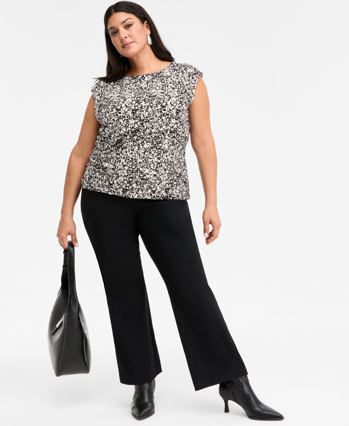 Inc International Concepts Plus Size Printed Boat Neck Cap Sleeve Top, Macy's Exclusive In Gray