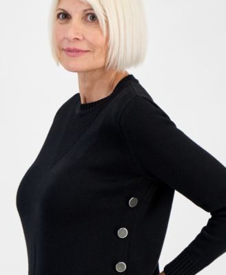 Petite Long-Sleeve Side-Button Crewneck Sweater