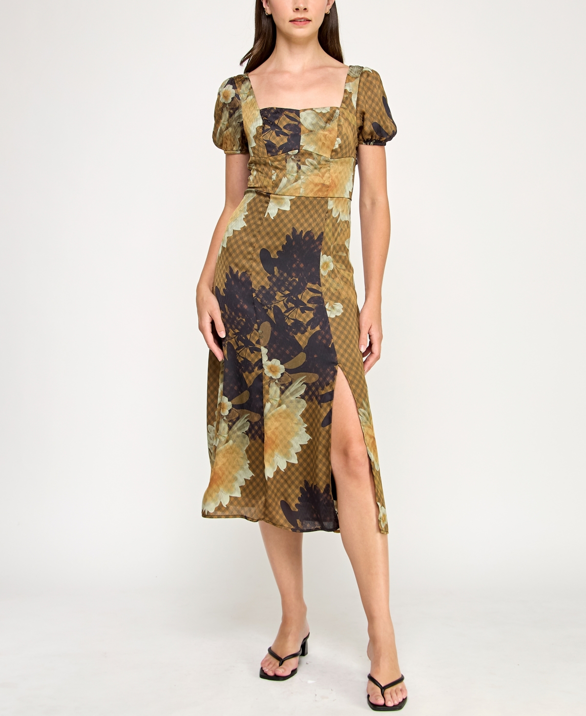Juniors' Printed Square-Neck Midi Dress - Black Multi