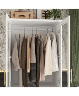 White 2-door 3-drawer wardrobe with tempered glass, bedroom Armoire, wooden Closet