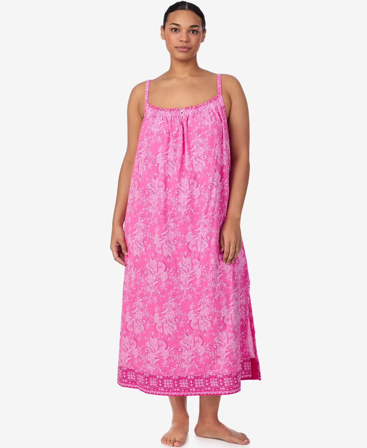 Ralph Lauren Plus Size Double Strap Smocked Neck Ballet Nightgown In Pink