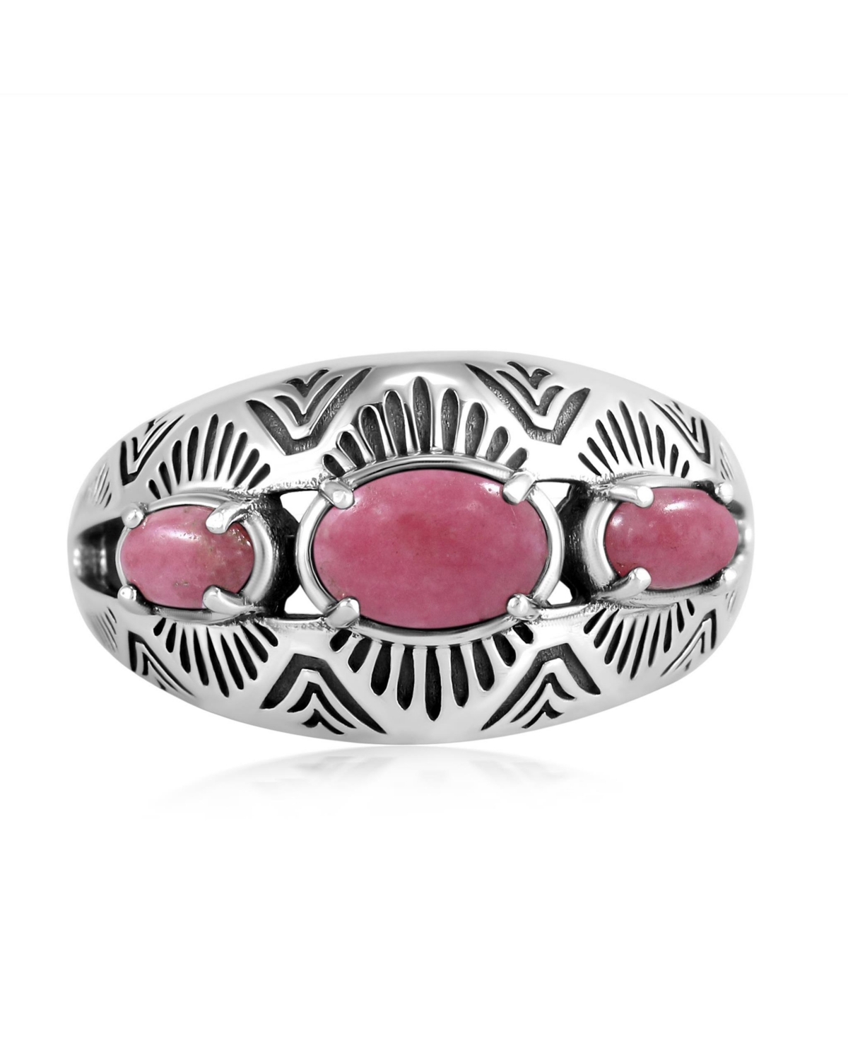 Sterling Silver Rhodonite 3-Stone Oval Band Ring, Size - pink