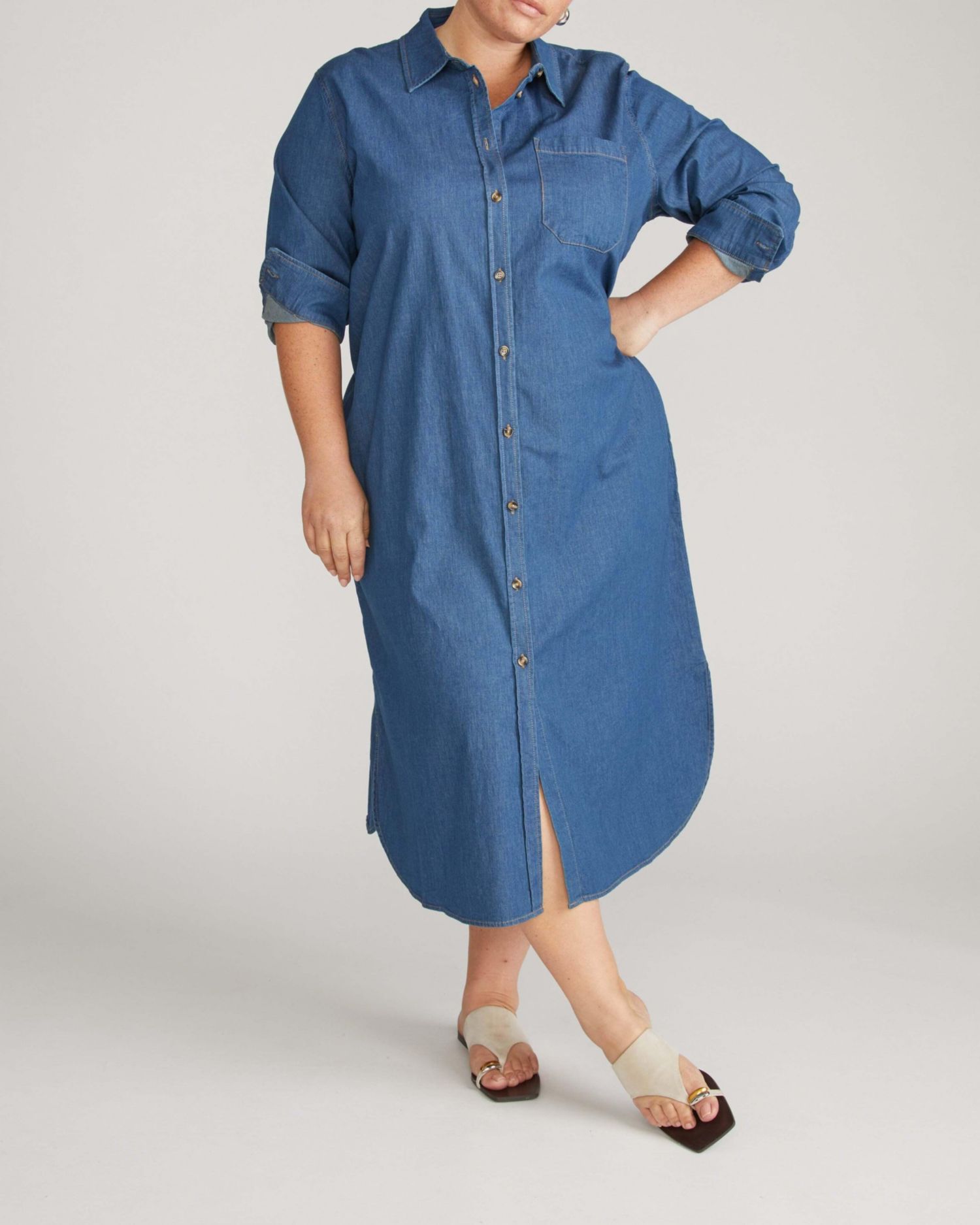 Plus Size Stretch Cotton Chambray Shirtdress
