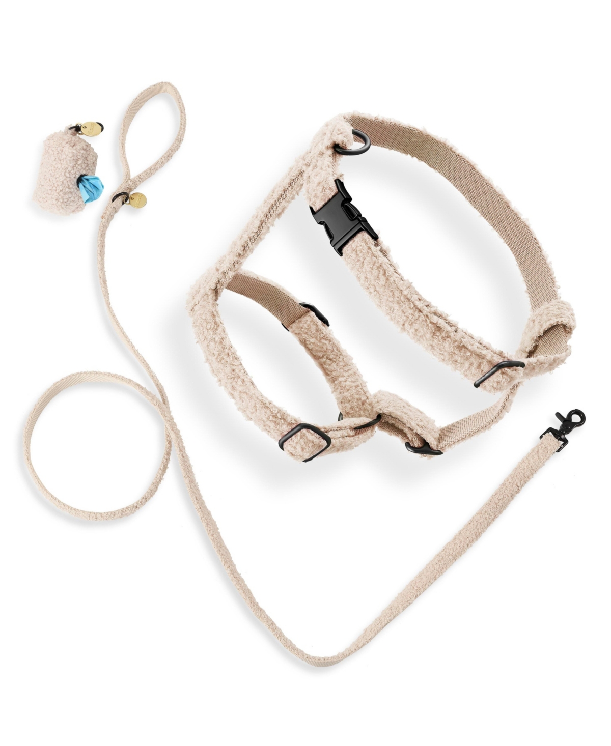 Teddy Boucle Adjustable H Harness and Leash Walk Set with Poop Bag Pouch - Black