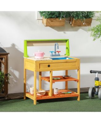 Mud Kitchen Outdoor Kitchen Playset for Kids Wooden with Realistic Play Kitchen Toys, Faucet and Sink, Storage Shelves