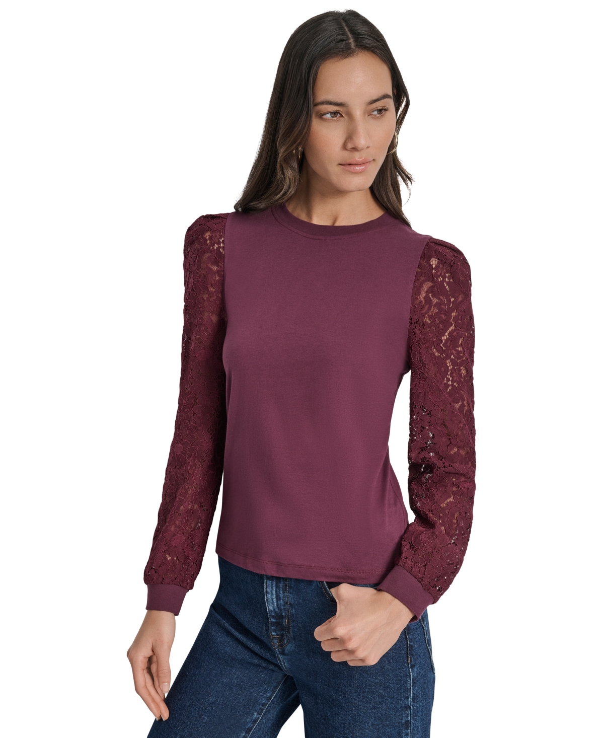 Dkny Jeans Women's Lace Puff-Sleeve Crewneck Top