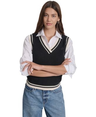 Women's Contrast Trim Cotton V-Neck Sleeveless Sweater