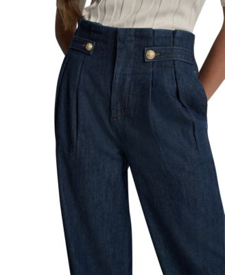 Women's Tab-Waist High Rise Wide Leg Cotton Denim Pants