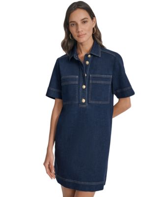 Women's Collared Short-Sleeve Denim Shift Dress