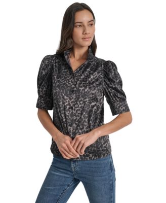 Women's Stand Collar Puff-Sleeve Shirt