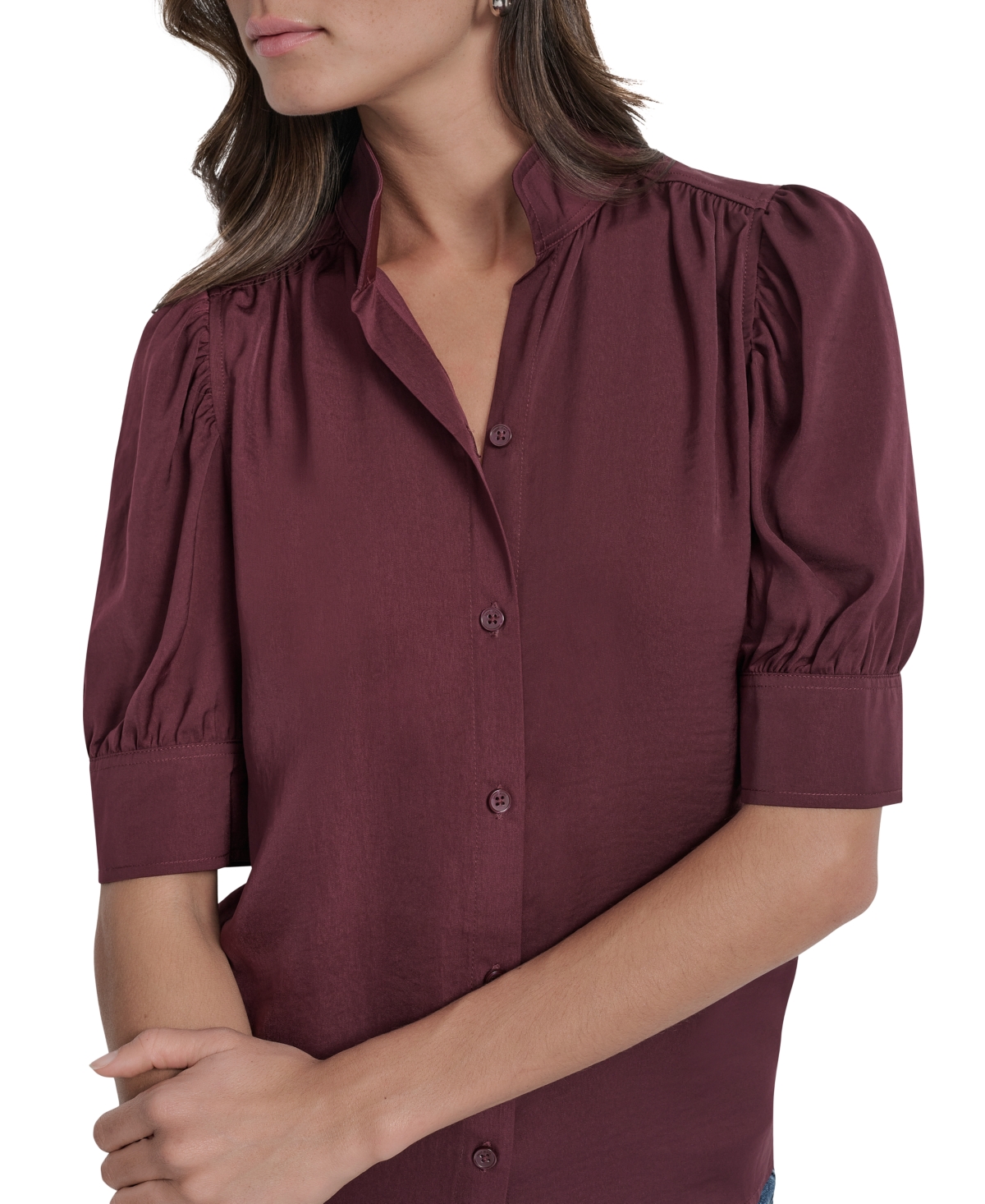 Dkny Jeans Puff Short Sleeve Button-up Shirt In Burgundy