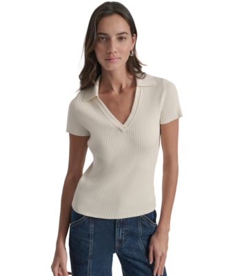 DKNY Jeans - Womens Ribbed V-Neck Polo Sweater