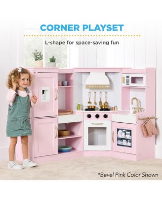 Pretend Play Corner Kitchen, Interactive Wooden Kids Set w/ Lights and Sounds