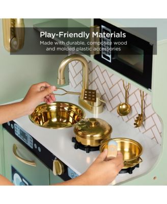 Pretend Play Kitchen Wooden Toy Set for Kids w/ Telephone, Utensils, Oven, Microwave