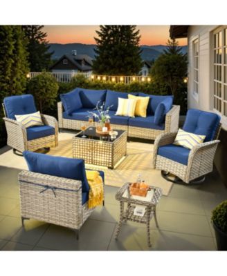 8-Piece Rattan Outdoor Patio Furniture Set with Sectional Sofa, Swivel Chairs, and Solar Coffee Table