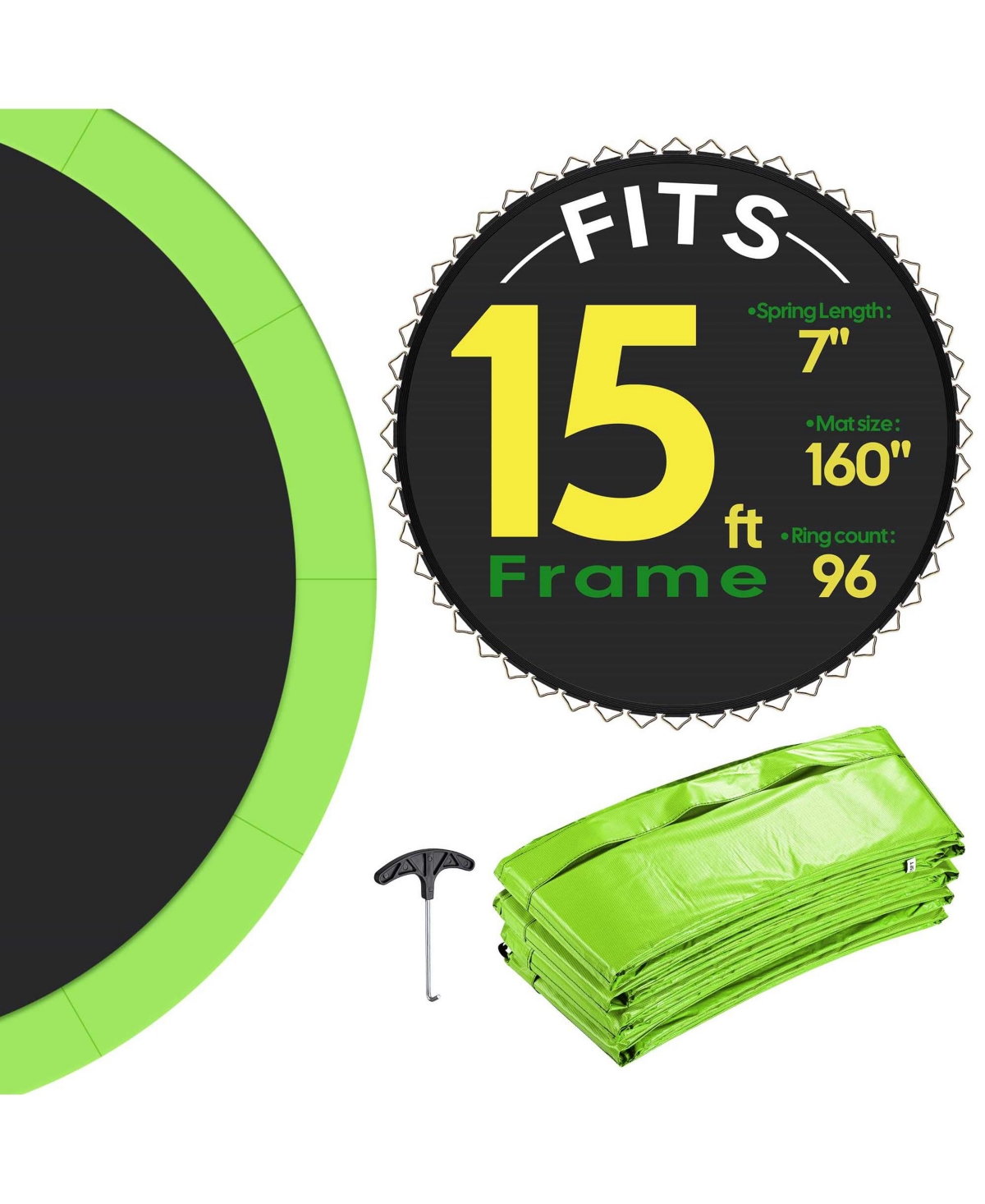 Trampoline Mat & Pad Replacement Kit with 96 V-Hooks Fits 15 ft Trampoline Frame Green - Natrual