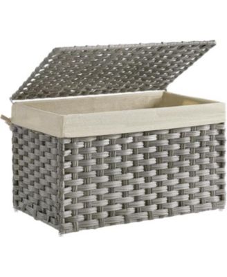 Storage Basket with Lid – 17.2 Gallons (65L) Foldable Woven Bin with Handles, Metal Frame & Removable Liner for Blankets