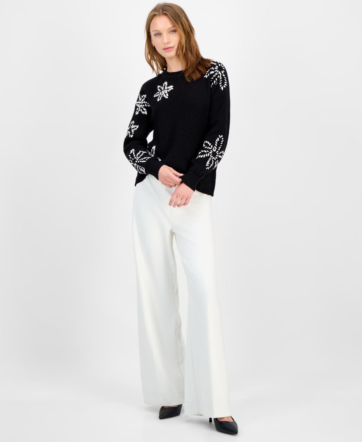 T Tahari Long Sleeve Crewneck Sweater With Floral Embroidery In Multi