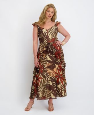 Plus Size Flutter-Sleeve Printed Chiffon Maxi Dress
