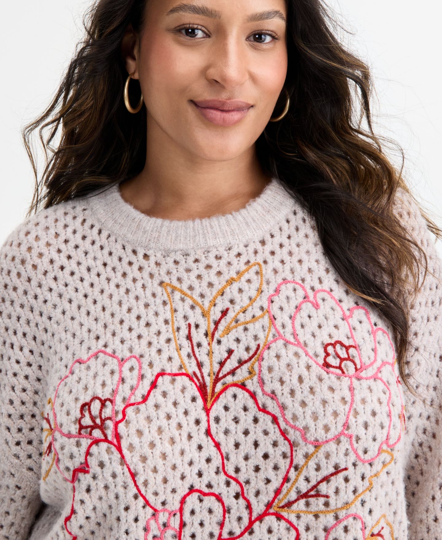 Женский свитер Democracy Floral Embroidered Round Neck, цвет: Меланжевый — фото 3