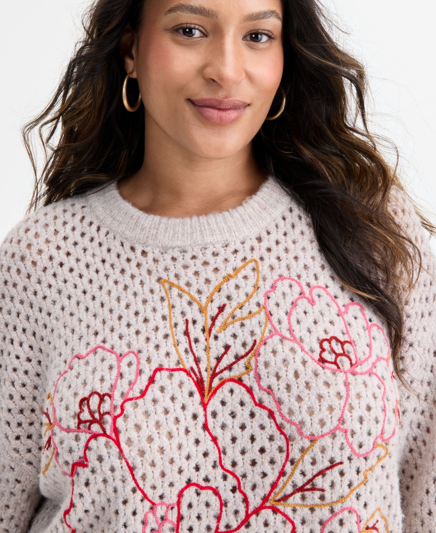 Plus Size Long Sleeve Floral Embroidered Sweater